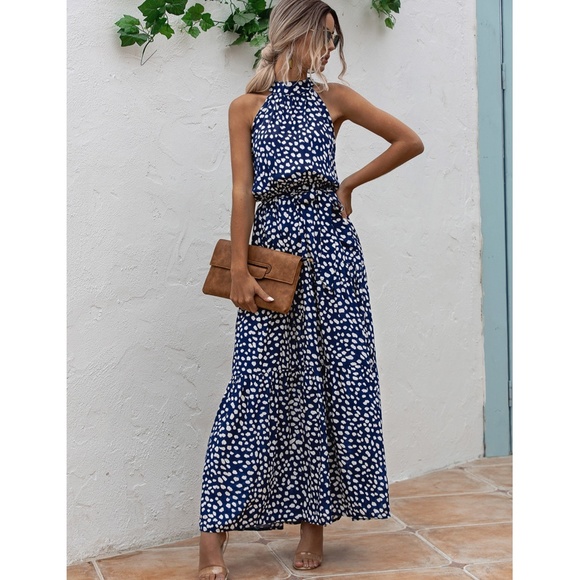 Spotted Print Maxi Dress Tie Belt High Neck - Picture 11 of 15